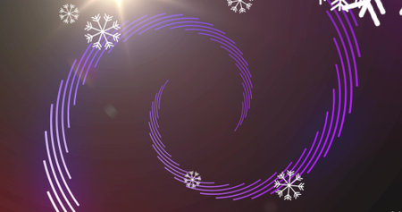 Swirling segmented purple spiral filling digital wallpaper, glowing lens flare and white snowflakes....
