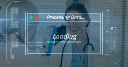 Smiling physician consulting patient at clinic, wearing white lab coat and stethoscope, HUD loading....