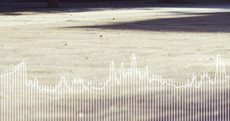 Showing sunlit textured ground at path with pebbles leaves shadows curb bars waveform overlay....