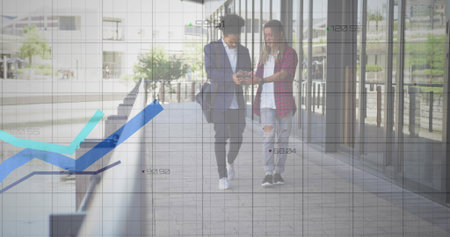 Walking two men in blazer and plaid shirt at paved walkway checking smartphone, data overlay. Urban,...