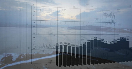 Displaying transparent 3D chart overlaying bay at sunrise, with wireframe axes, labeled bars....