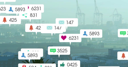 Floating cluster of notification bubbles showing icons and counts hovering over harbor, with cranes....