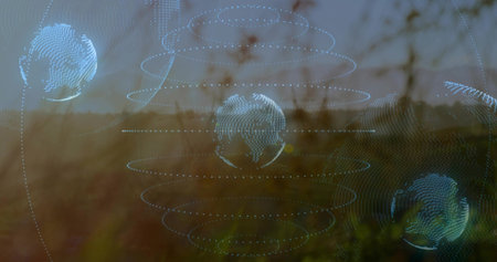 Hovering central wireframe globe projecting dotted orbital rings over grassy field, sun flare....