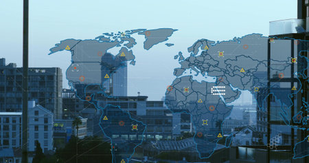 Displaying translucent digital world map overlay covering downtown skyline, showing targets, nodes....