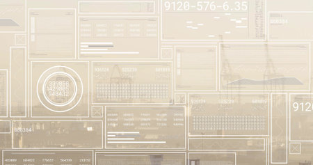 Displaying translucent data panels monitoring harbor, showing circular gauge, numeric matrices....