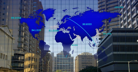 Projecting translucent world map overlay across downtown block, showing numeric labels, trajectory....