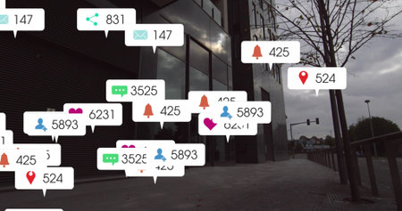 Floating alert bubbles covering office with glazed ribbed facade at plaza, showing icons and counts....
