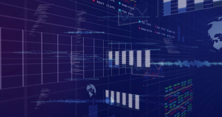 Displaying central grid panel showing white bar cluster and waveform in 3D dashboard, globe icons....