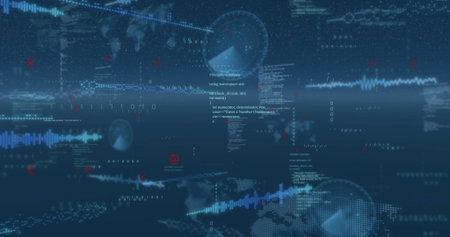 Showing data overlay floating on deep navy screen, with waveforms, dotted globe, code snippets HUD....