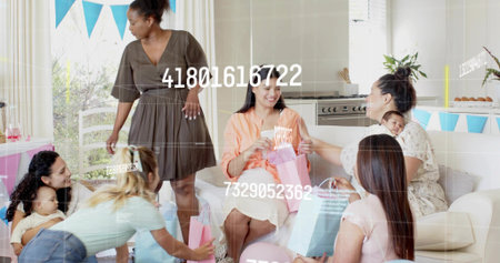 Sitting women wearing dresses passing pastel gift bags in living room with sofa, balloons, bunting....