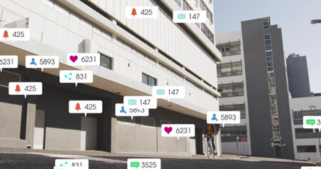 Cycling rider in yellow jacket, helmet pedaling past concrete block, bike, pack, icons, copy space....