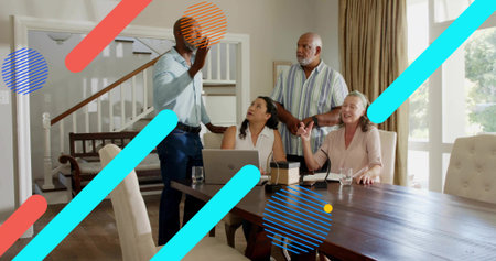 Talking family around dining table at home, wearing casual clothes with laptop, speaker, overlays....