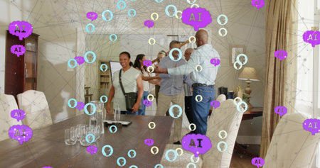 Hugging adults wearing casual wear with crossbody bag, chatting at wood table with AI overlay....