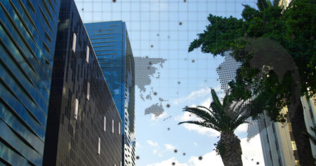 Rising reflective skyscrapers with vertical window strips in downtown canyon, palm and grid overlay....