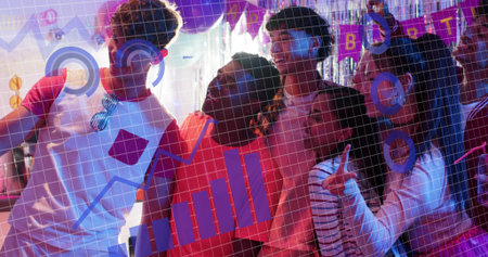 Posing six friends leaning into each other at birthday party venue, with metallic fringe backdrop. Group, celebration, unity, silhouettes, balloons, neon, purpleの写真素材