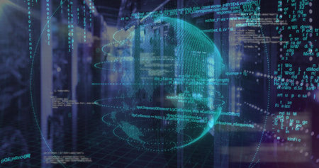 Projecting teal holographic globe with rings above server racks at data center, streaming code....