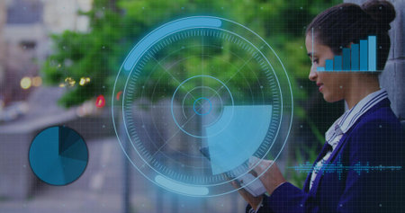 Tapping woman in blazer using tablet on city sidewalk with AR HUD and charts, copy space. Urban,...