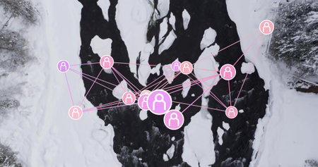 Overlaying pink and purple user avatar icons connecting across frozen river at aerial forest view....