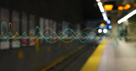 Floating colorful waveform flowing over subway platform with train tracks, yellow strip, lights....
