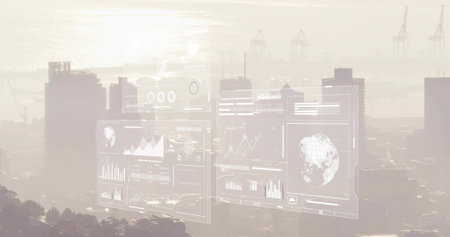 Showing faint AR HUD overlaying hazy coastal skyline, featuring charts globe cranes trees harbor....