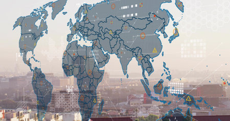 Displaying semitransparent global map overlay over port skyline with markers, hex grid, warnings....