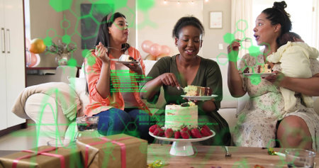 Cutting woman in green dress, serving cake while others eating on couch at home, gifts, balloons. Celebration, family, dessert, infant, party, cozy, decorの写真素材