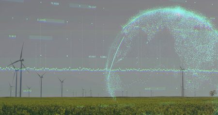 Overlaying teal-cyan hologram dome showing readouts over turbines on plain with yellow crops....