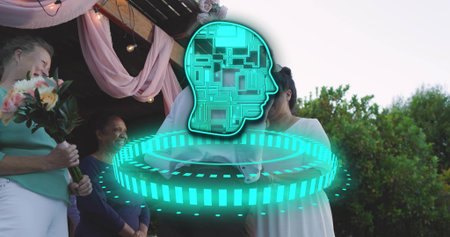 Standing bride in white dress veil vowing under pergola, attendant holding bouquet, teal hologram....