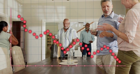Conversing six adults in casual attire holding drinks at home dining room with red graph overlay....