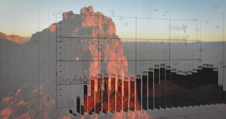 Highlighting jagged rocky peak glowing in warm sunset at mountain summit, with 3D bar charts....