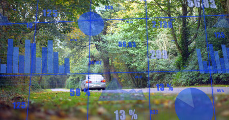 Driving white hatchback heading away on paved forest road, with blue data visualization overlay....