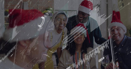 Gathering six coworkers wearing Santa hats, holding glasses at break room with data overlay....