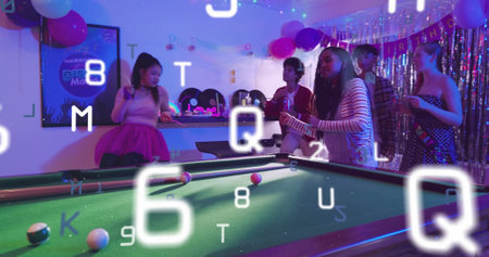 Playing friends lining shots at green-felt table in party room, with balloons, cues, digits overlay....