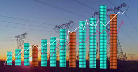 Displaying stylized bars tracing two rising line graphs over pylons and power lines at sunset....