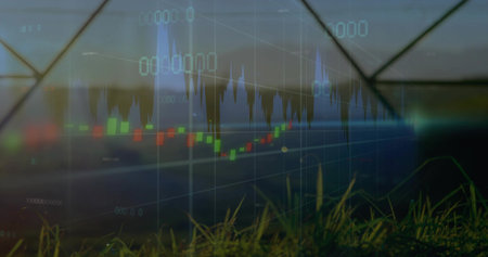 Overlaying stock charts candlestick-line in grassy field, with grass, hoops, clear tarp, horizon....