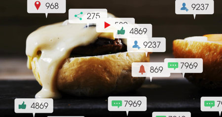 Showing cheeseburger with cheese dripping on dark slate, featuring bun edge and social callouts....