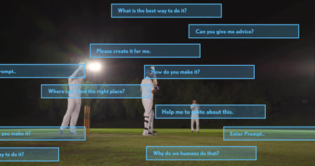 Holding bat, central batsman standing in whites on night pitch, with blue UI boxes and floodlights....