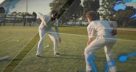 Fielding, two male cricketers in light kit leaning on park field, with cricket bat, grid overlays....