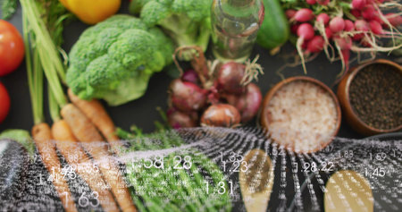 Displaying carrots broccoli red onions radishes and herbs on black-white cloth with numeric overlay....