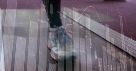 Stepping gray sneaker in dark athletic pants on wood treadmill, showing financial overlays and trim....