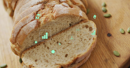 Displaying sliced artisanal loaf resting on wooden cutting board, with pumpkin seeds and CO 25.57....