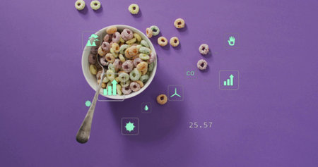 Showing white bowl holding colorful cereal with tarnished spoon on purple tabletop, HUD CO 25.57....