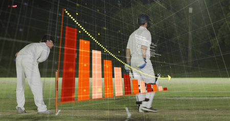 Batting helmeted batsman in whites holding bat and pads, fielders moving on night pitch, data chart....