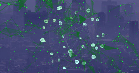 Showing centered data network over hazy skyline, displaying green nodes, lines, euro, truck icons....