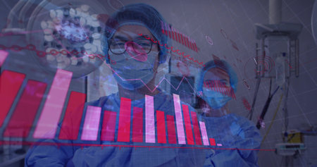 Standing staff wearing surgical gowns, masks in OR, with overhead lamp and red-pink data overlays. Healthcare, hospital, team, collaboration, technology, analytics, graphsの写真素材