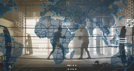 Sparring male and female boxers trading punches in warehouse boxing ring with gloves, HUD overlay....