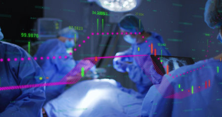 Operating surgical team in blue gowns and masks performing procedure in OR, with data overlay....