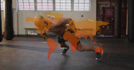 Lunging man shirtless wearing shorts and shoes in gym, heavy bags rubber floor orange map overlay....