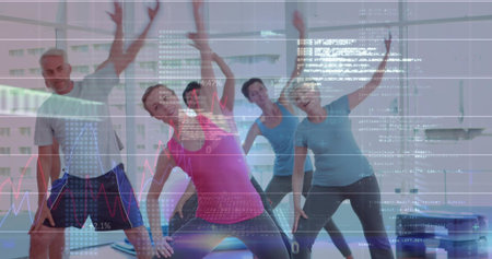Doing side-bends six adults in studio with glass windows, wearing pink and blue tops, data overlays....