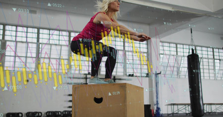 Balancing woman in pink tank, leggings holding squat on box at gym, punching bag, data overlays....